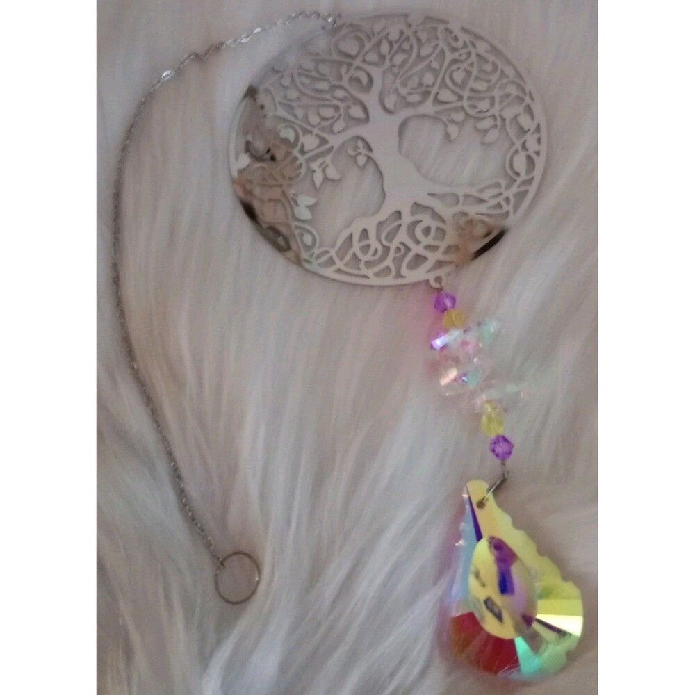 Silver Tree Of Life Iridescent Crystal Prism Sun Catcher Window Hanging 17"
